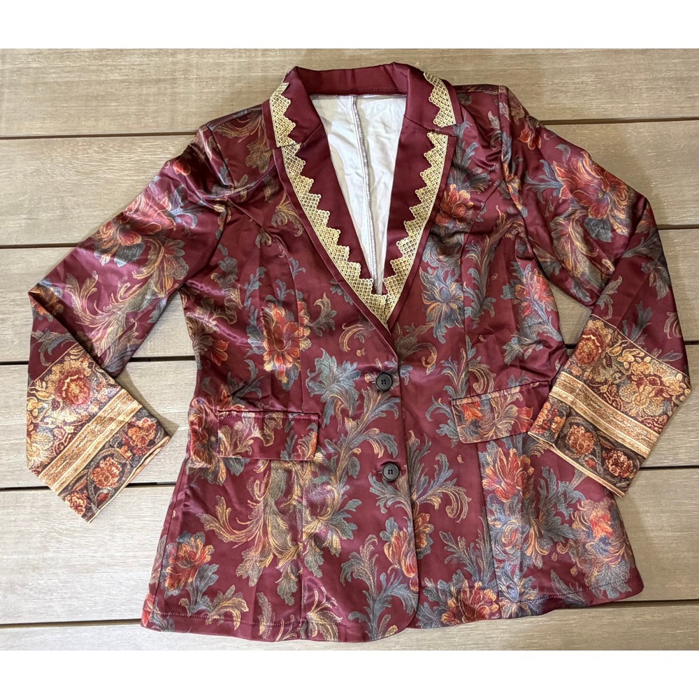 Unbranded Women's XXL Burgundy Floral Tapestry Print Blazer Boho-Glam Statement